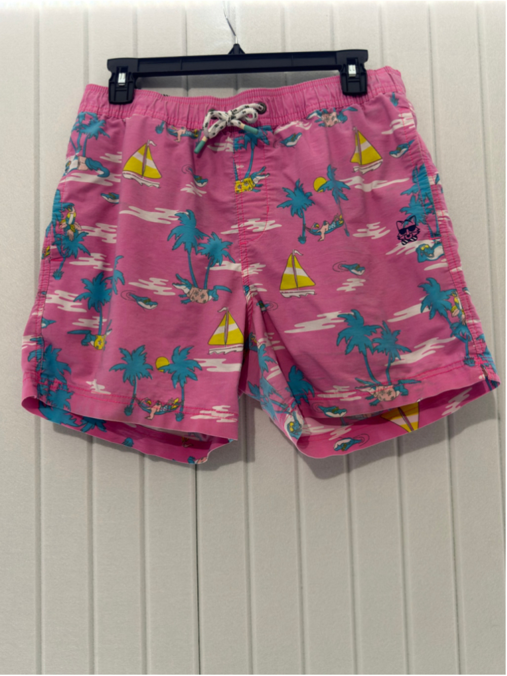 Party Pants Pink Tropical Alligator & Flamingo Swim Trunks – Men’s Medium